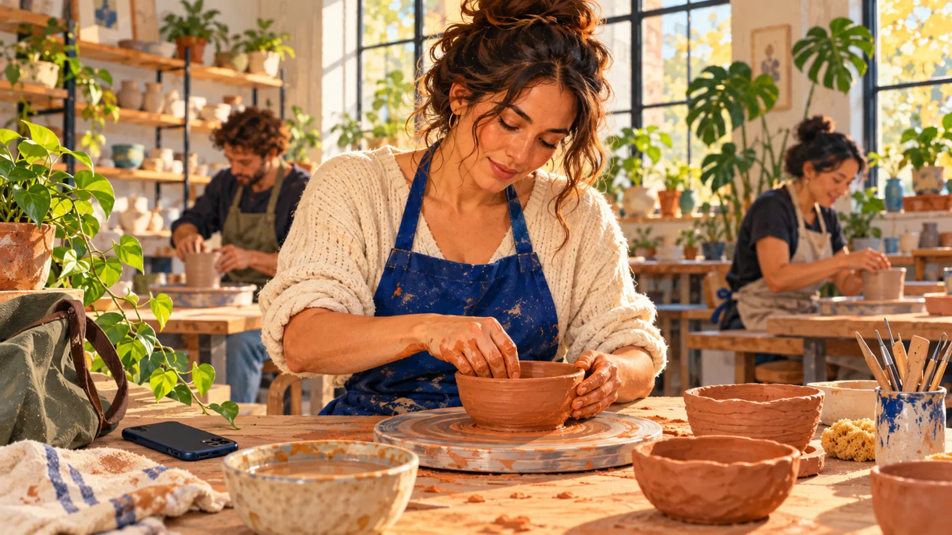 A woman shapes a clay bowl in a sunlit pottery studio, with her phone face down beside her bag and classmates working nearby.