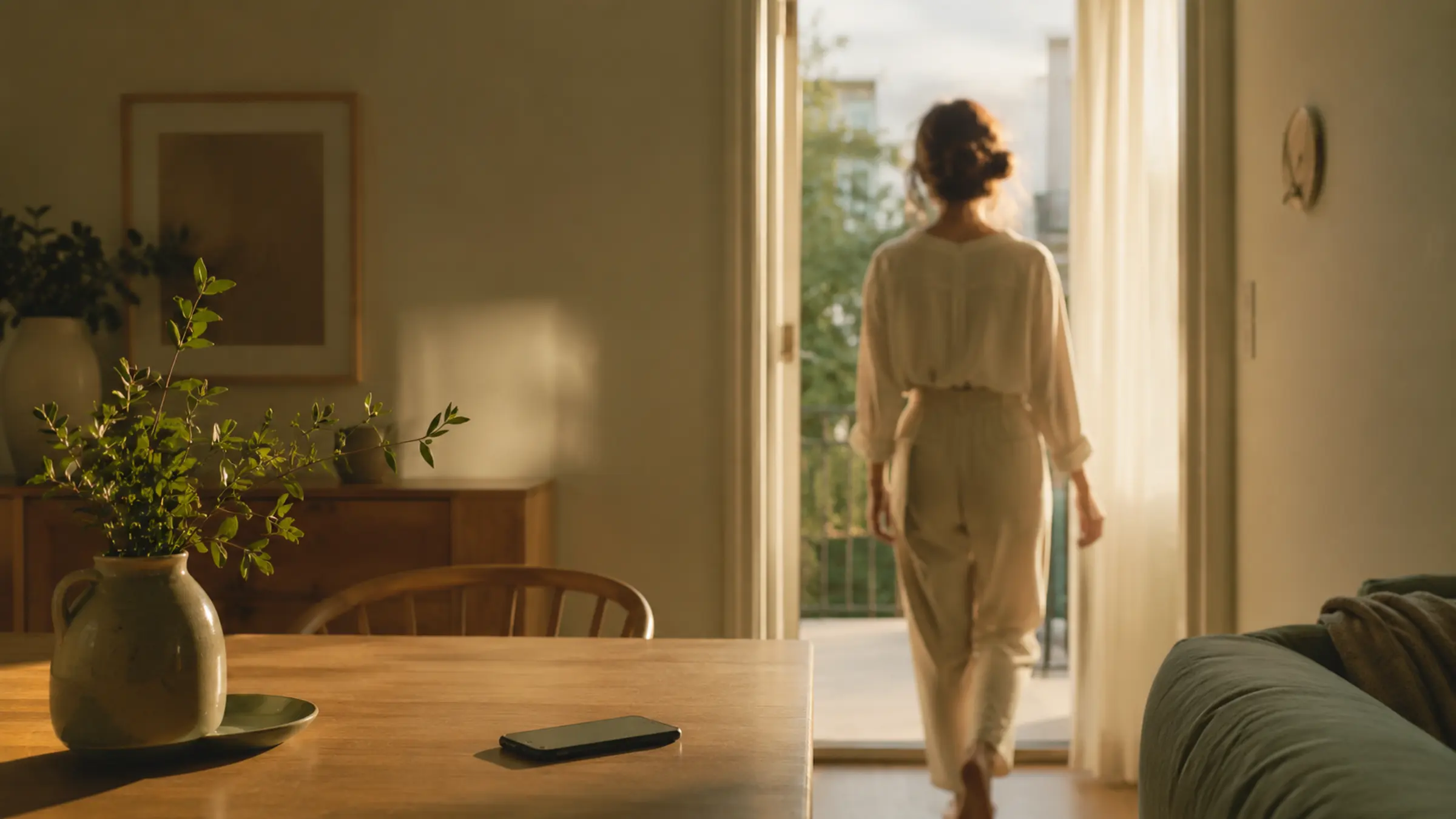 A woman leaving her phone face down on a sunlit table while walking toward an open doorway