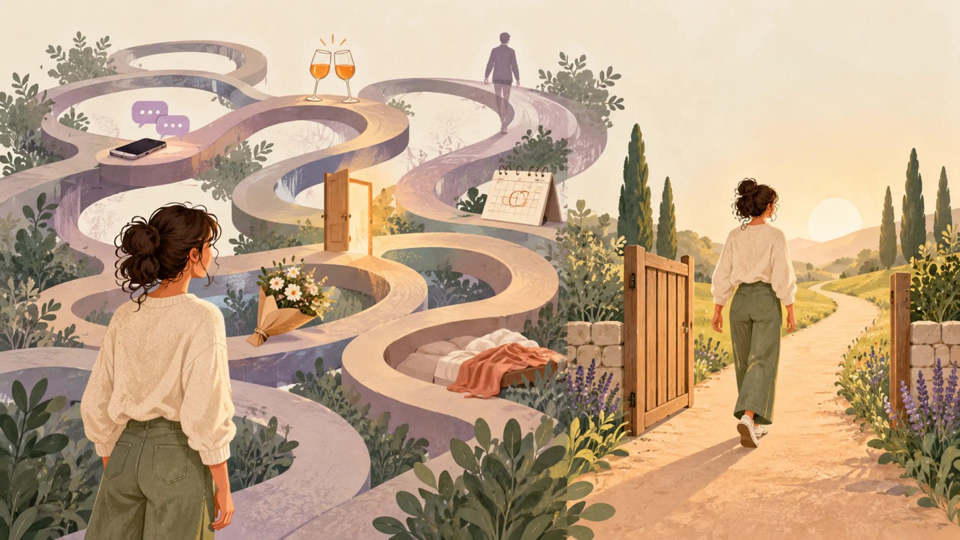 A maze of uncertain routes contrasts with a clear path toward an open doorway.