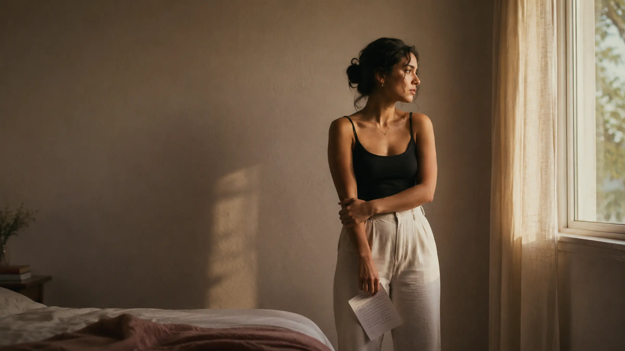 A cinematic editorial scene of a woman holding a handwritten boundary list in late afternoon window light