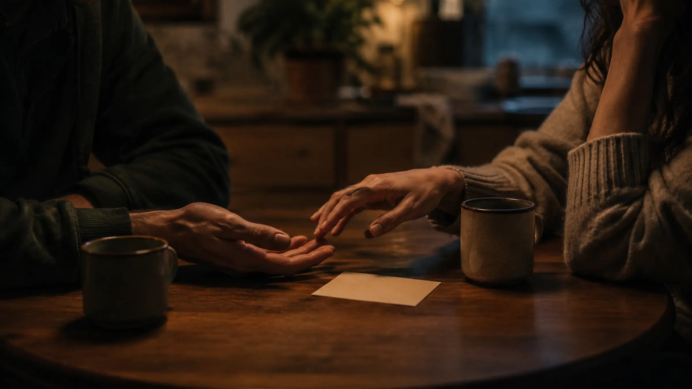 Two people sitting at a small table in soft evening light, close but serious, with a blank note card between them