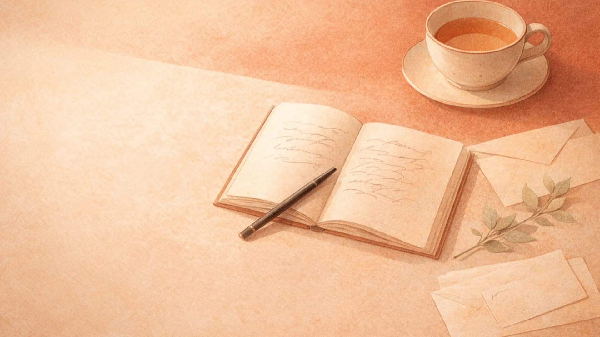 Notebook and tea cup still life on a warm peach surface