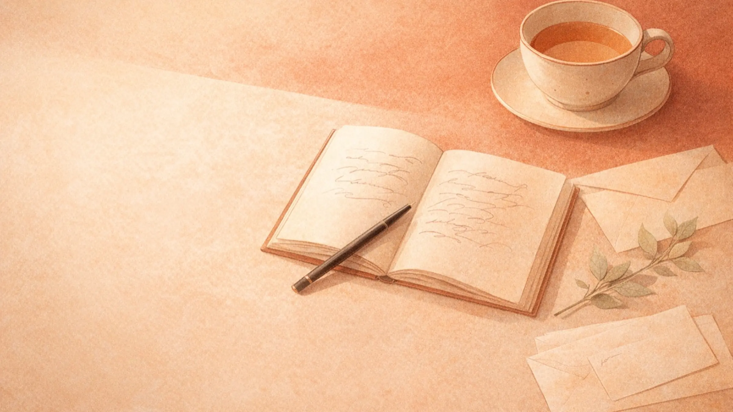 Notebook and tea cup still life on a warm peach surface