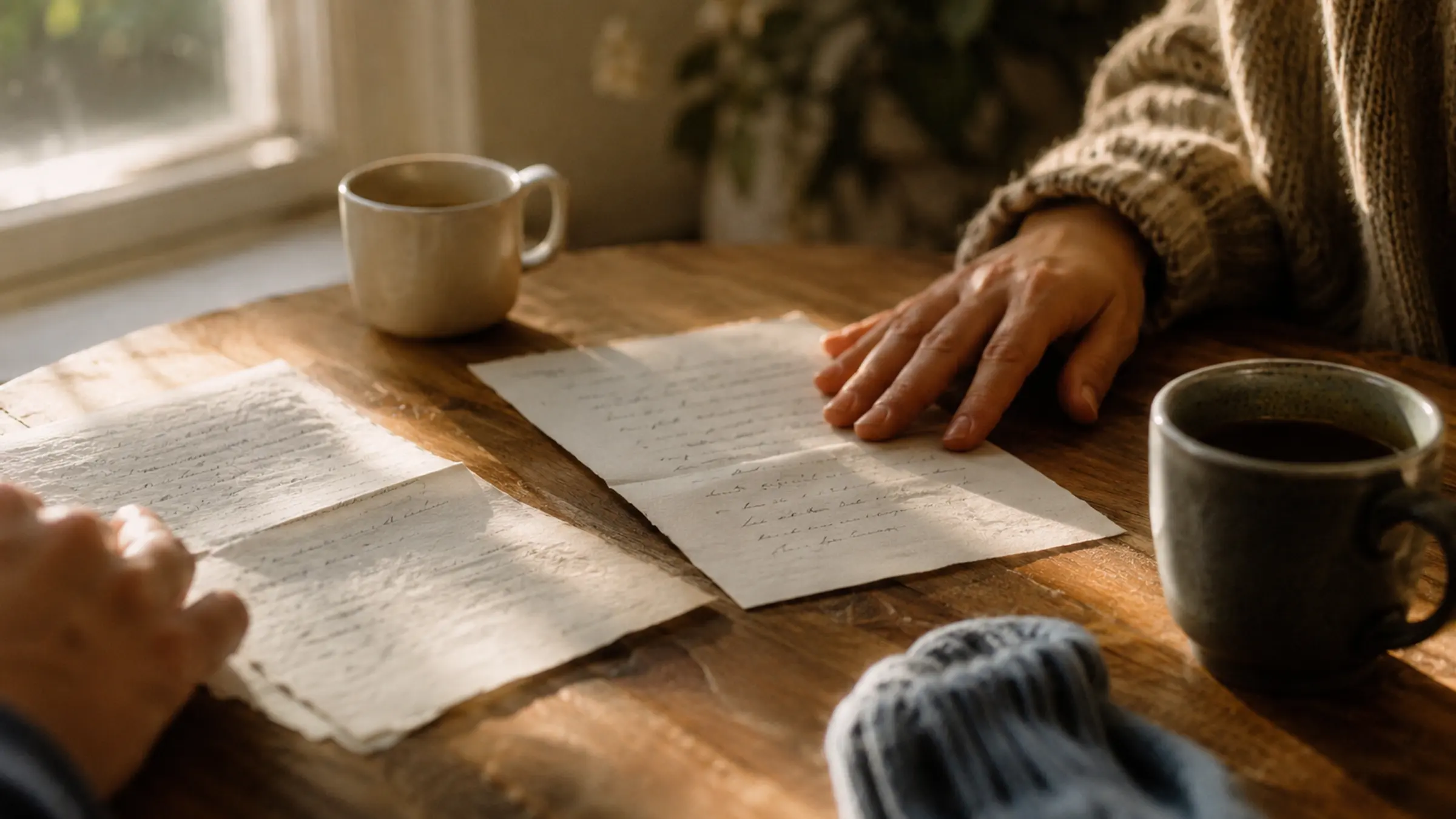 A quiet table with handwritten love note drafts, two mugs, and warm window light suggesting personal appreciation
