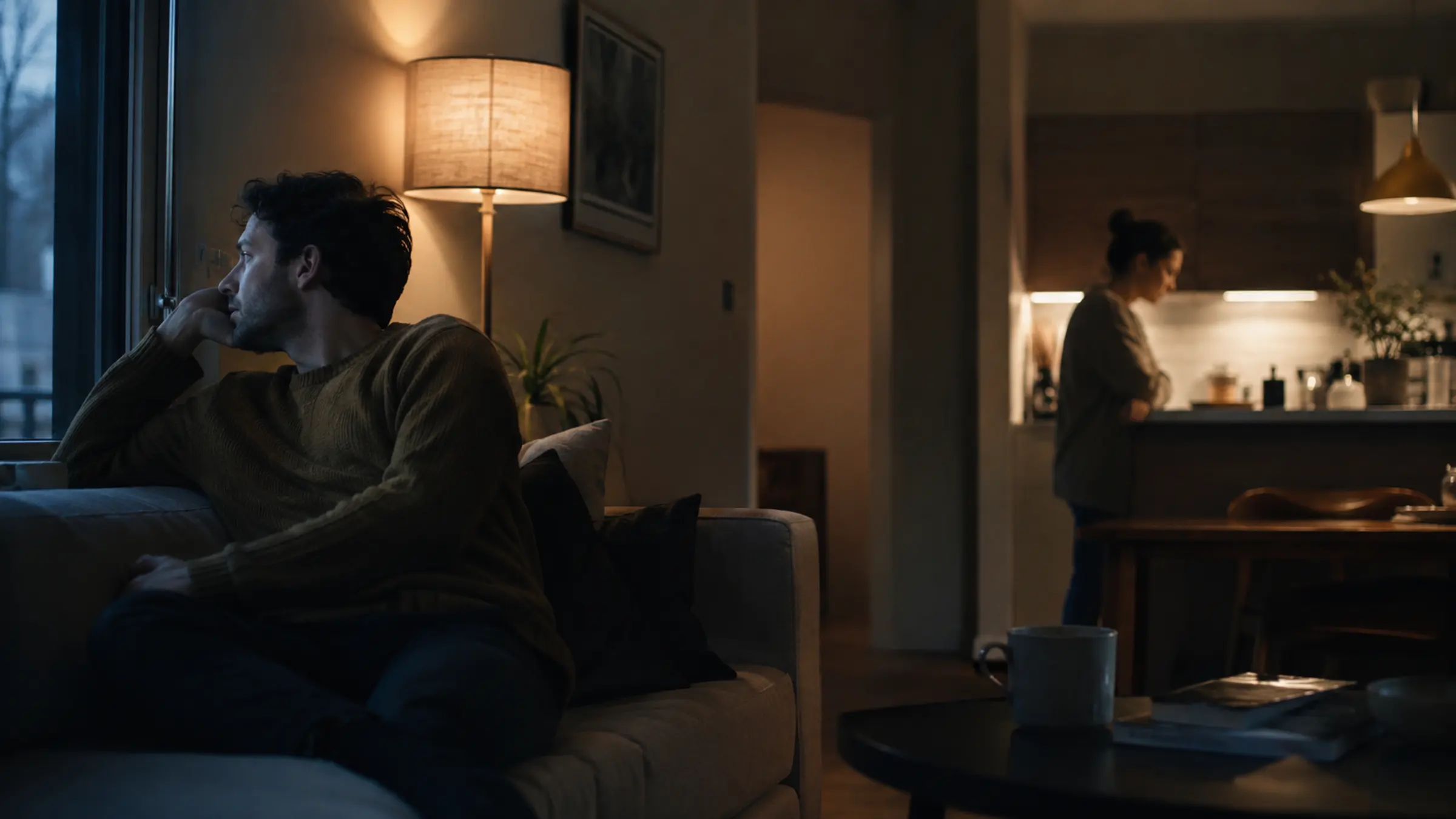 A quiet cinematic image of a couple sitting apart in the same room, with evening light and visible emotional distance