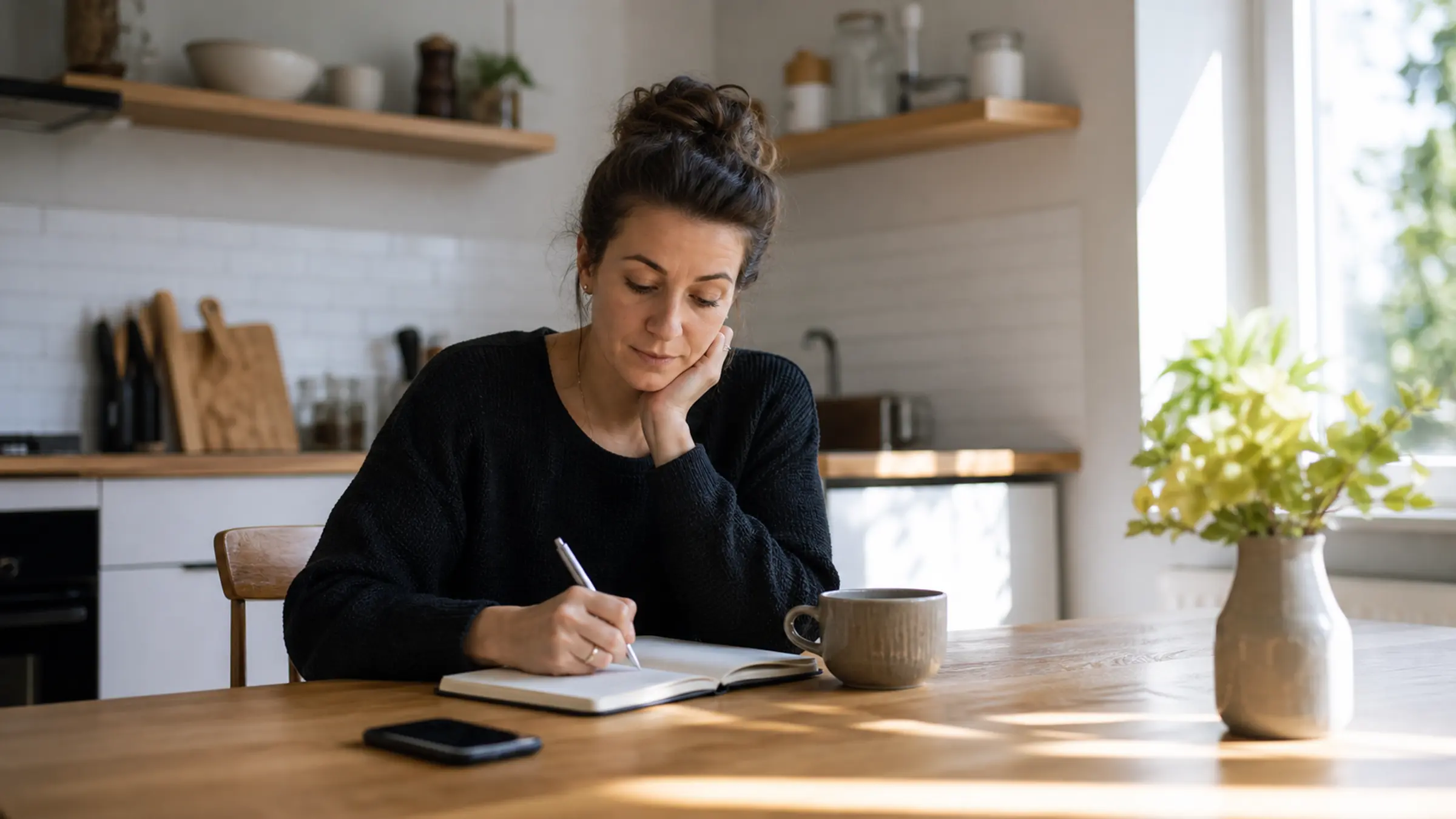 A person reflecting quietly at a kitchen table after a difficult relationship conversation.