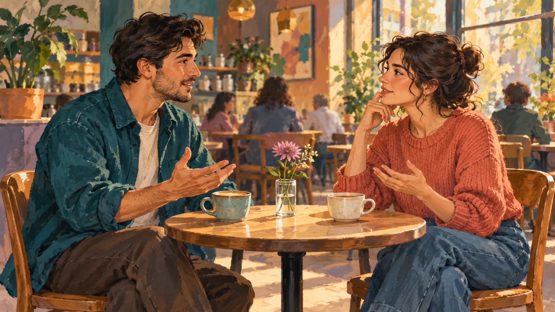 Two adults talk across a small cafe table with two cups and flowers, illustrating a thoughtful date with room for both people.