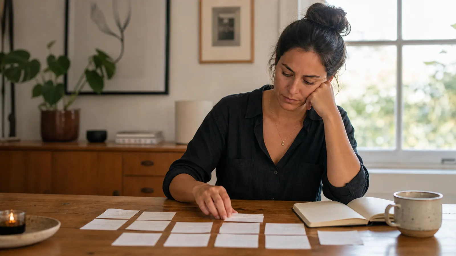 A thoughtful person sorting notes to distinguish a turn-off from a pet peeve, incompatibility, or red flag