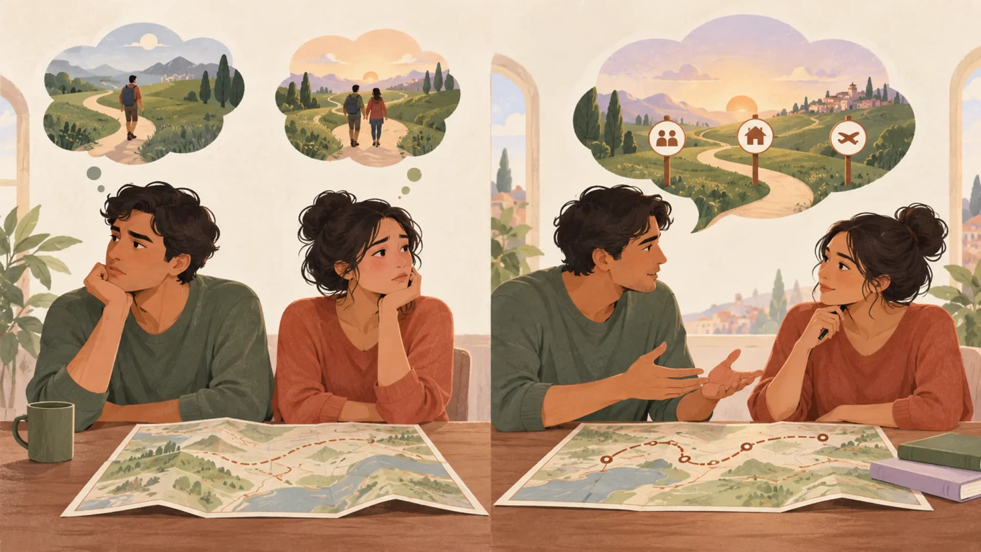 Two people compare expectations about dating others before discussing a shared agreement.