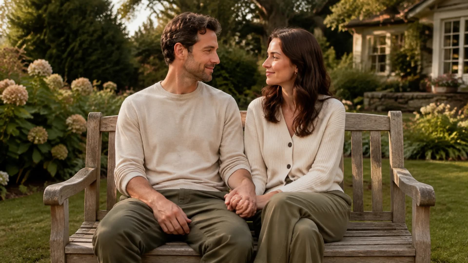 Two adults holding hands and smiling at each other on a garden bench