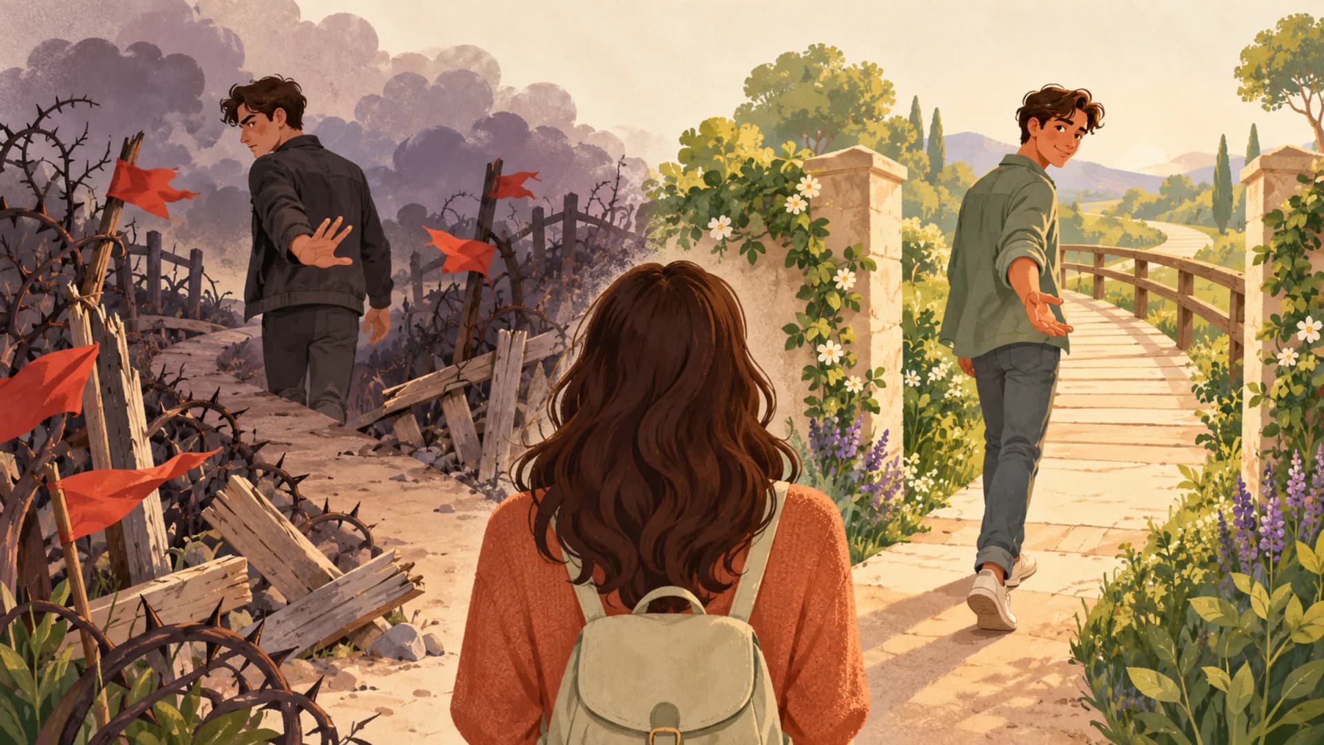 A thorny path with warning signs contrasts with a person following a clearer path guided by values.