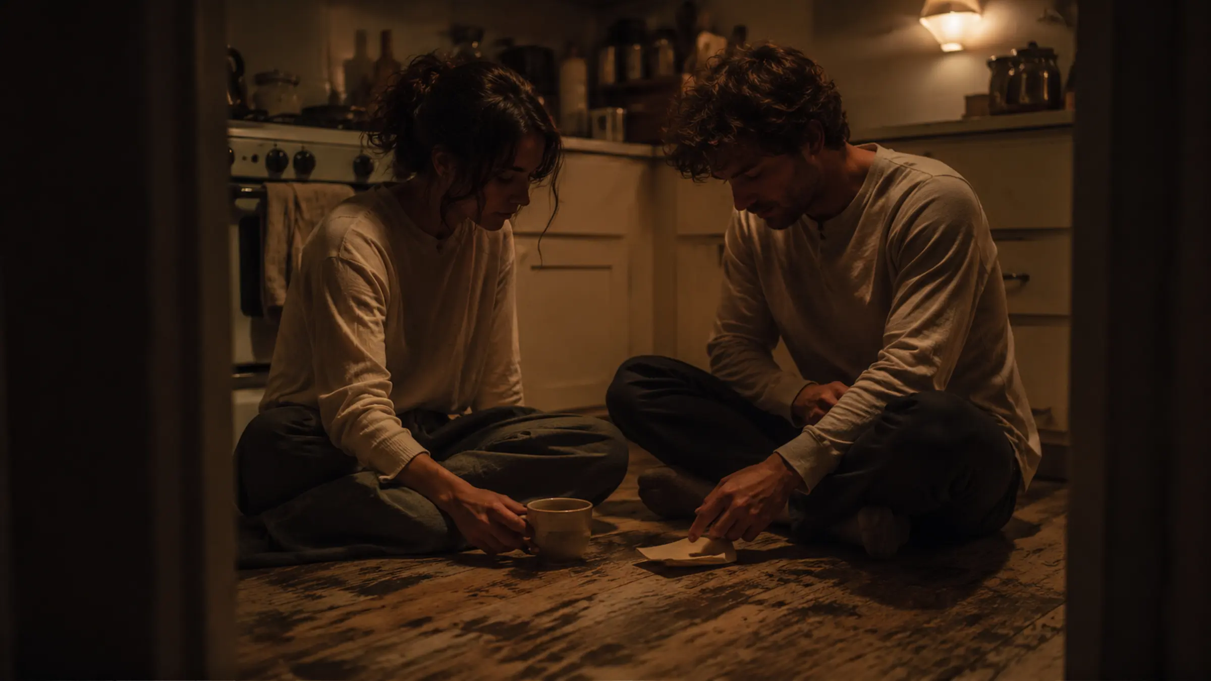 Two people sitting close on a kitchen floor at night beside a shared cup of tea
