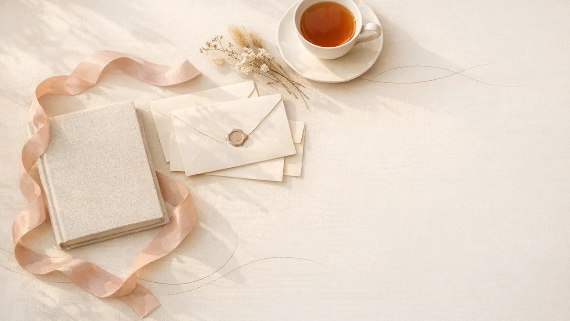 Editorial still life with letters, ribbon, and tea cup arranged on a soft cream fabric
