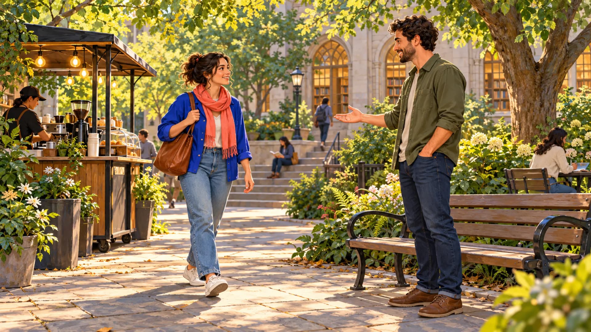 A woman approaches an adult greeting her beside a courtyard bench and coffee cart for a first meeting.