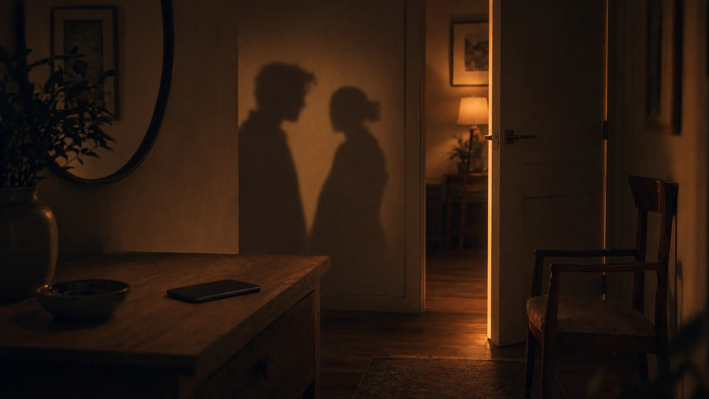 A half-open doorway with separated shadows and warm hallway light suggesting changed behavior