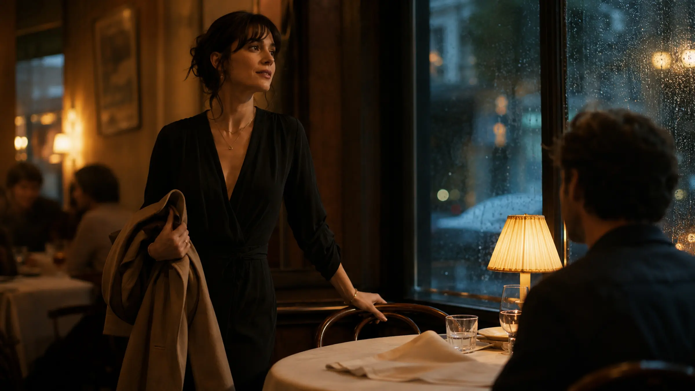 A cinematic image of a woman leaving a warm date table with calm self-trust instead of performing for approval