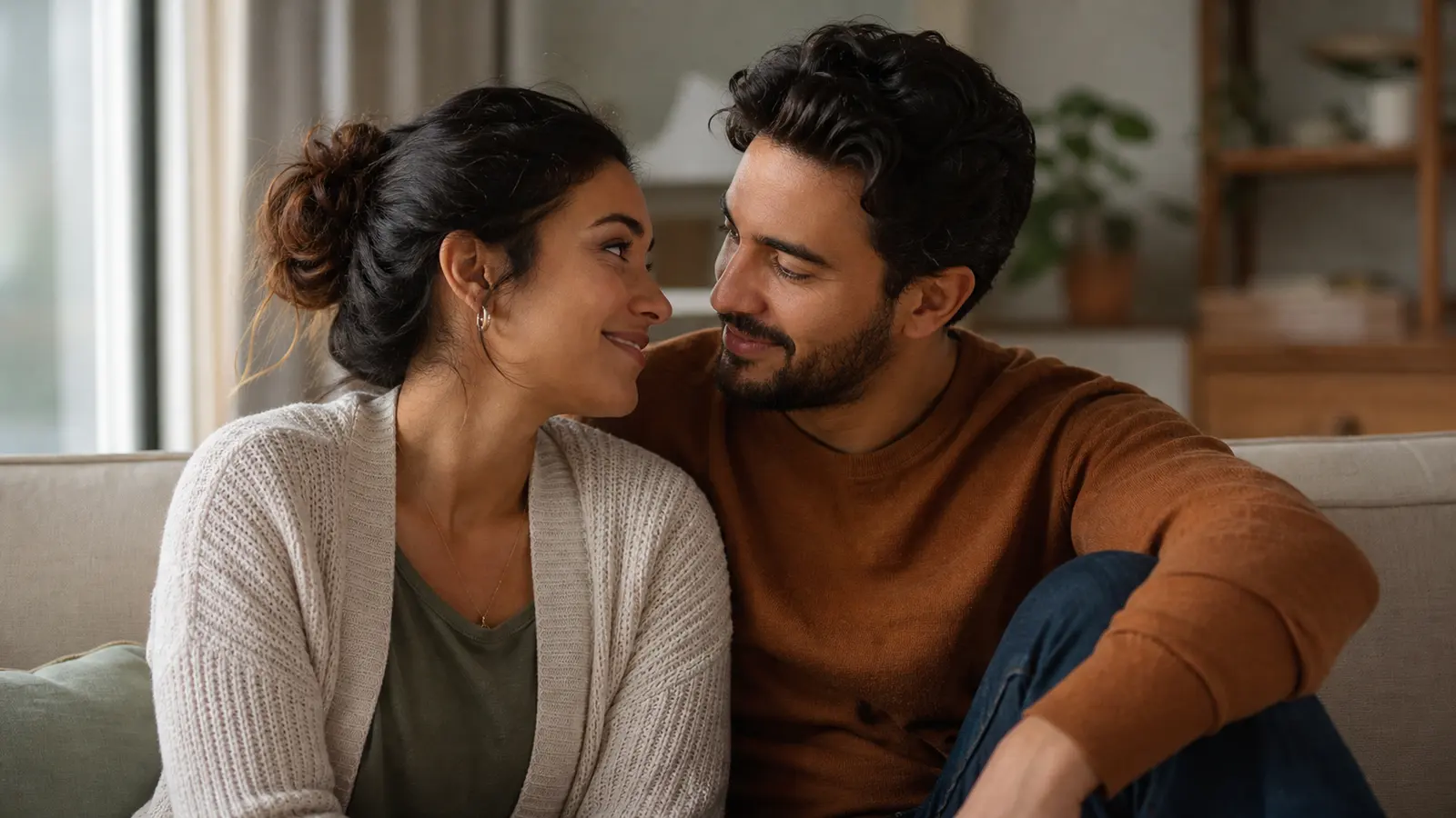 A couple sharing a quiet affectionate moment while choosing words for how their love feels