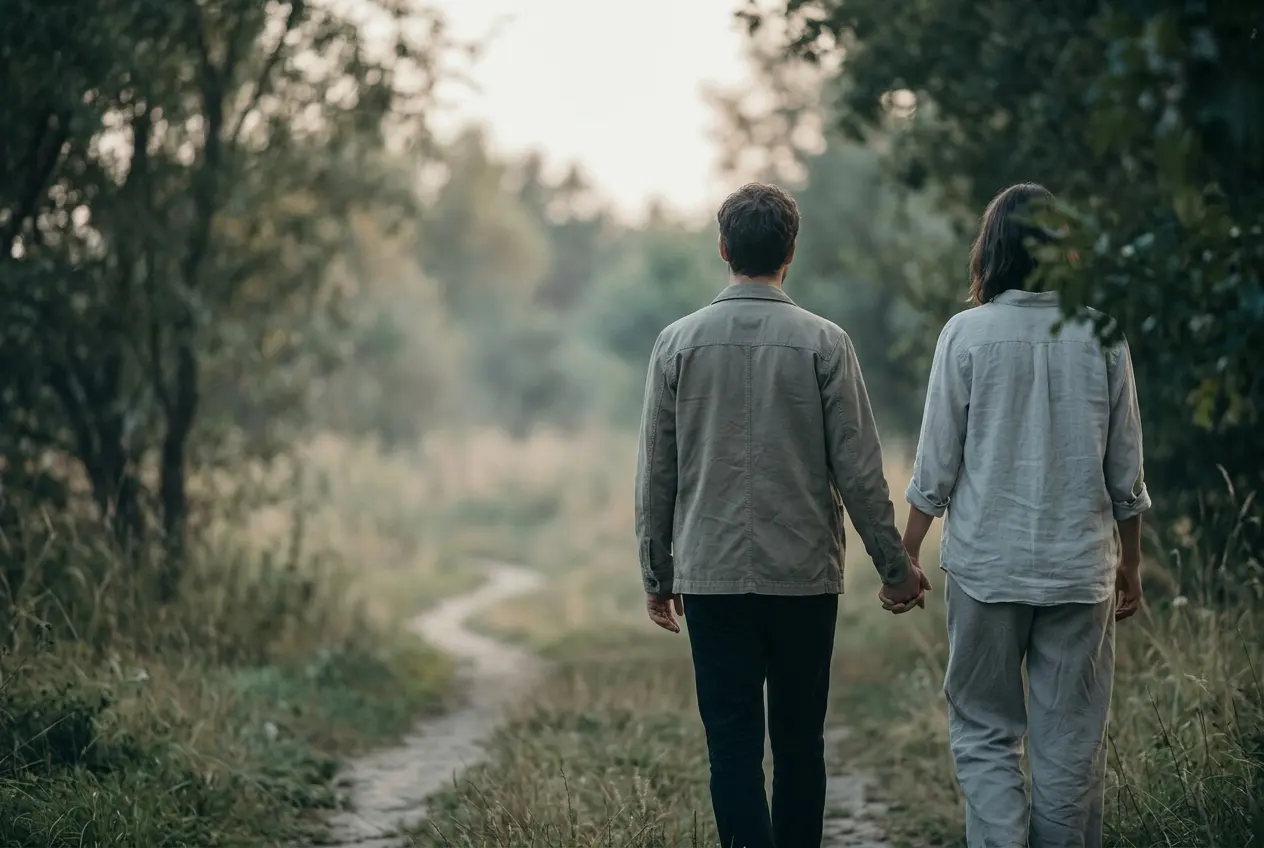 Illustration of a couple walking together on a wooded path
