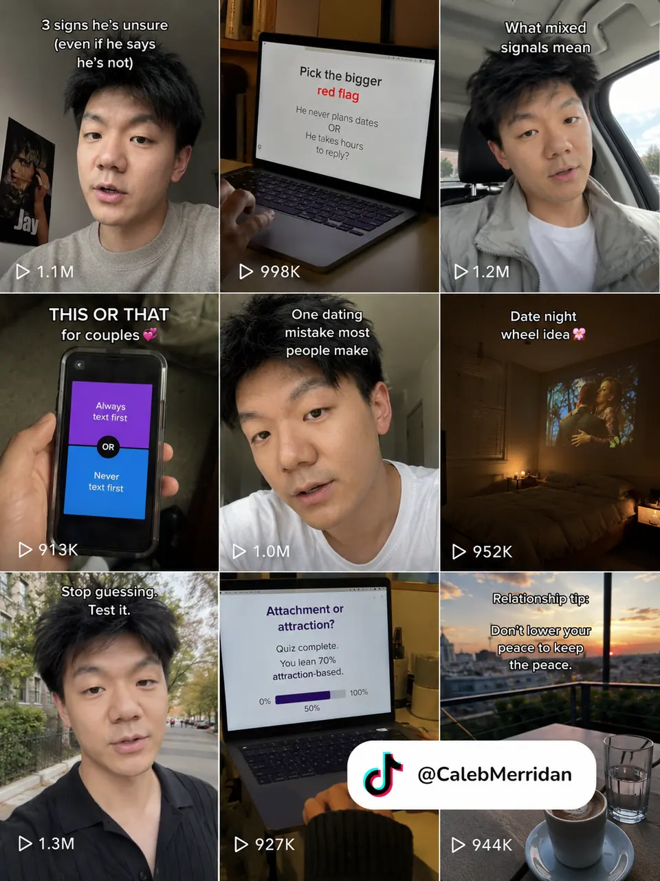 A grid of Caleb Merridan relationship videos and social posts