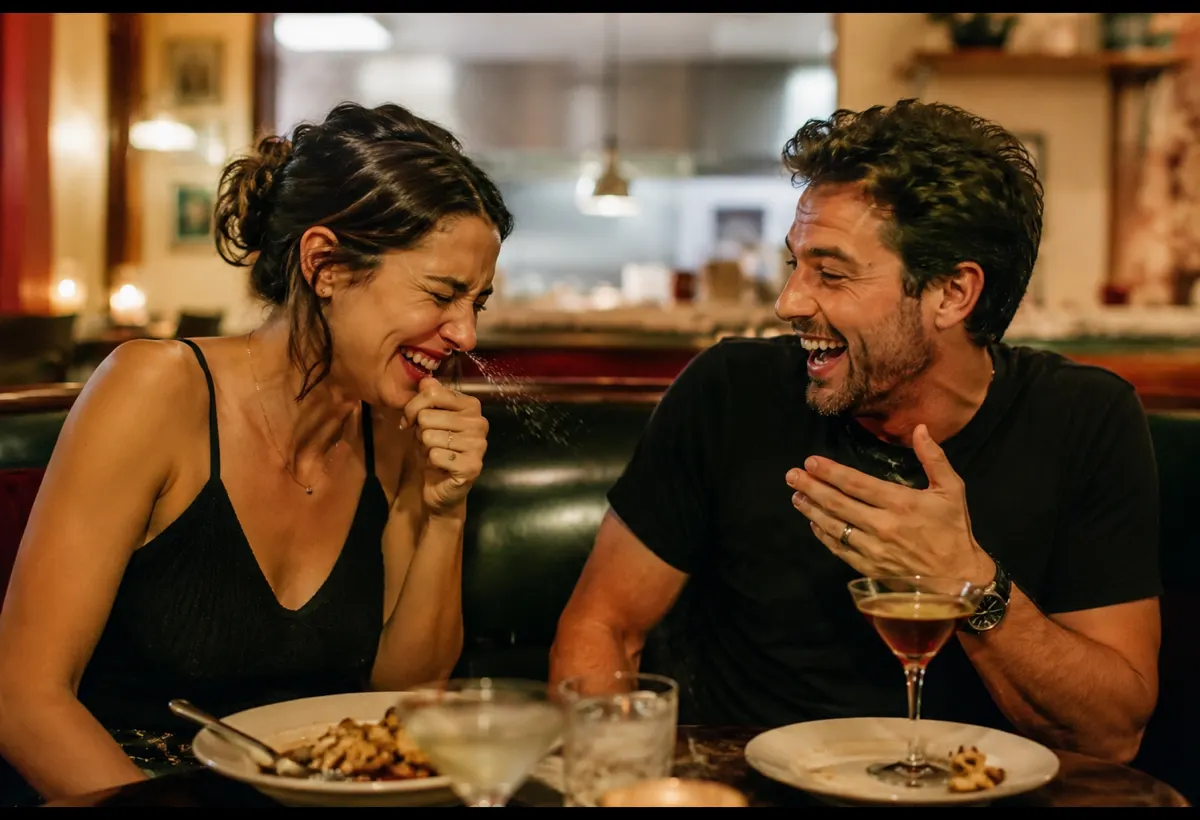A couple laughing at a dinner table