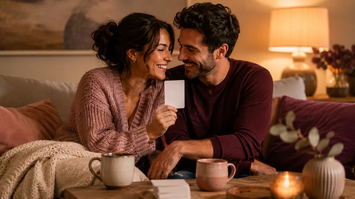Two people sharing a playful prompt-card moment on a sofa