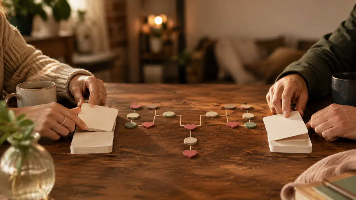 Two blank choice cards and couple game tokens on a cozy table