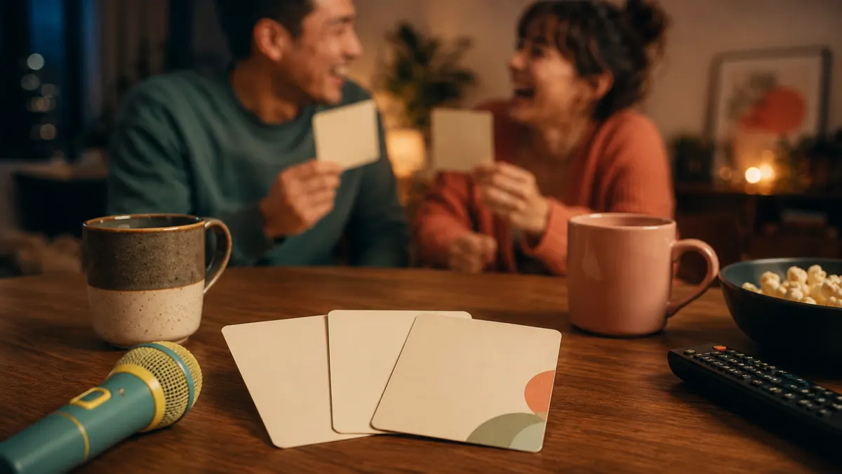 Funny couple quiz cards with playful date-night props on a warm table