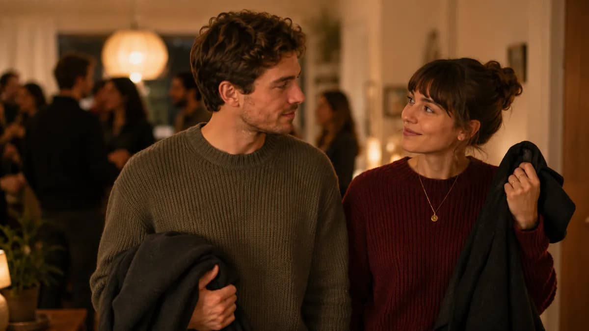 A couple sharing a knowing look near the quiet edge of a crowded party
