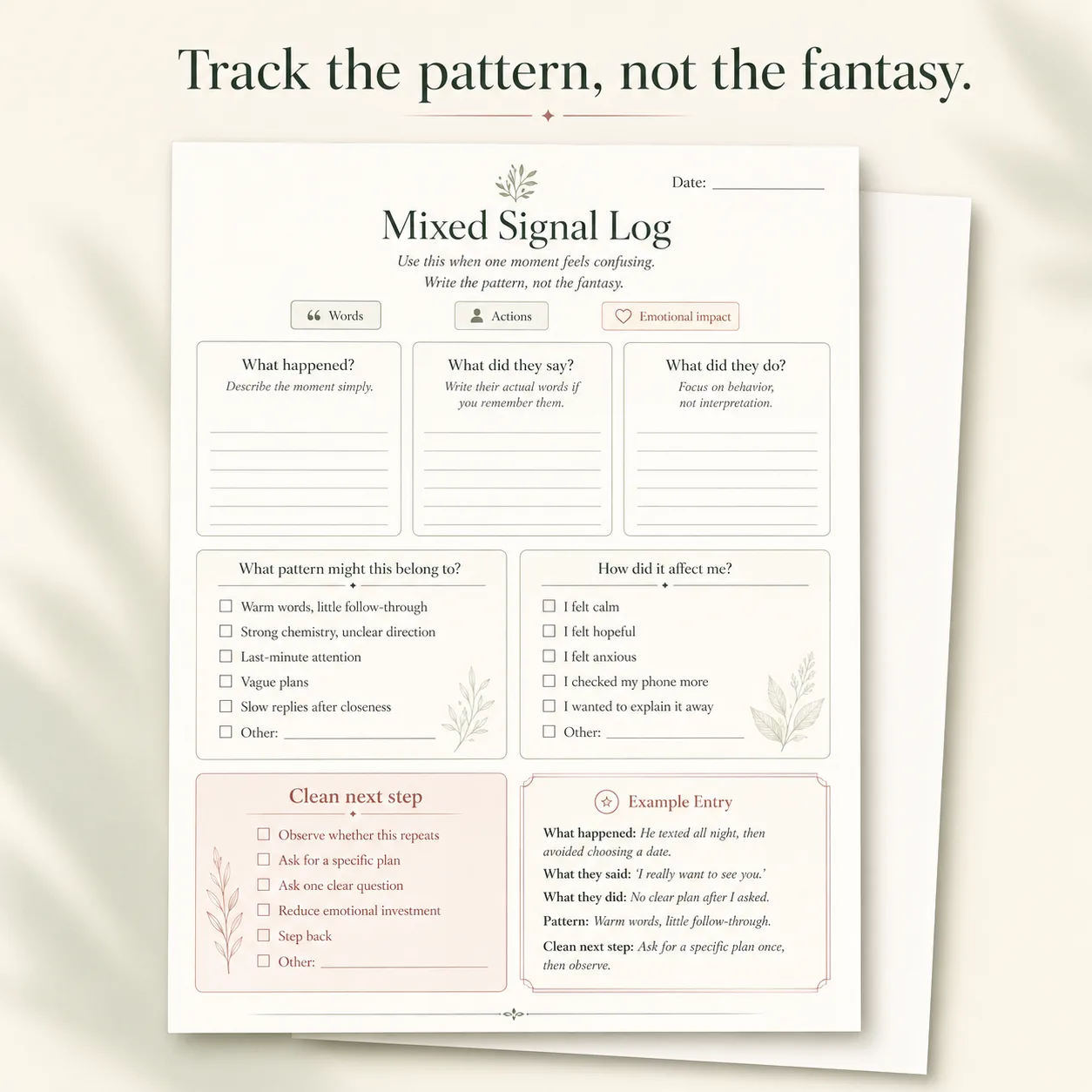 Mixed Signal Log worksheet preview for tracking words, actions, and emotional impact