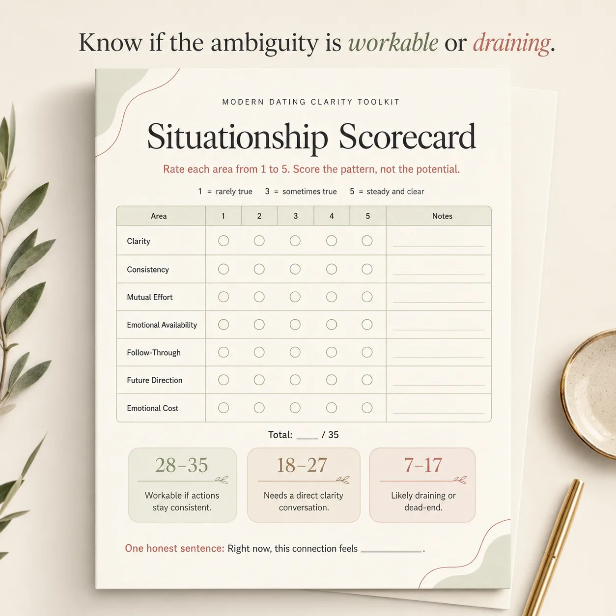 Situationship Scorecard preview for rating clarity, consistency, mutual effort, and emotional cost