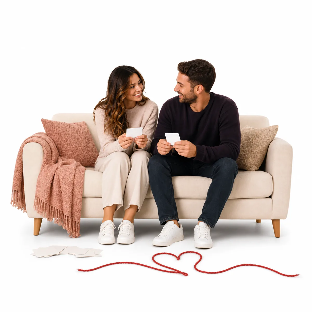 A smiling couple holding blank quiz cards on a cream sofa with a red thread heart