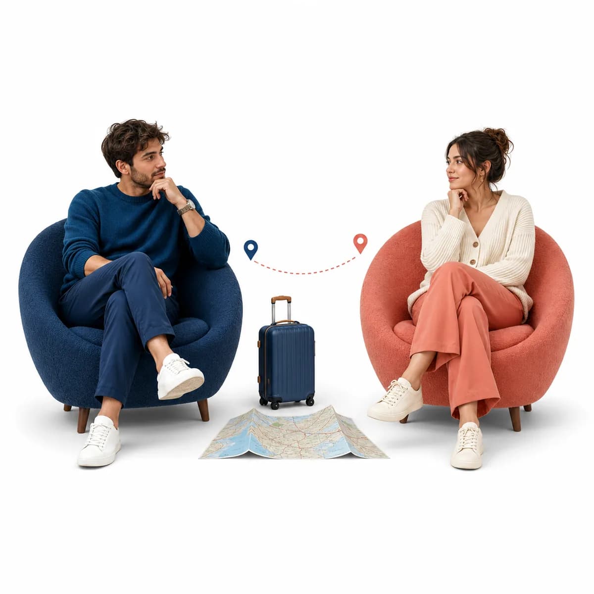 A long-distance couple with a travel calendar and connected-heart cards on a clean quiz-card background