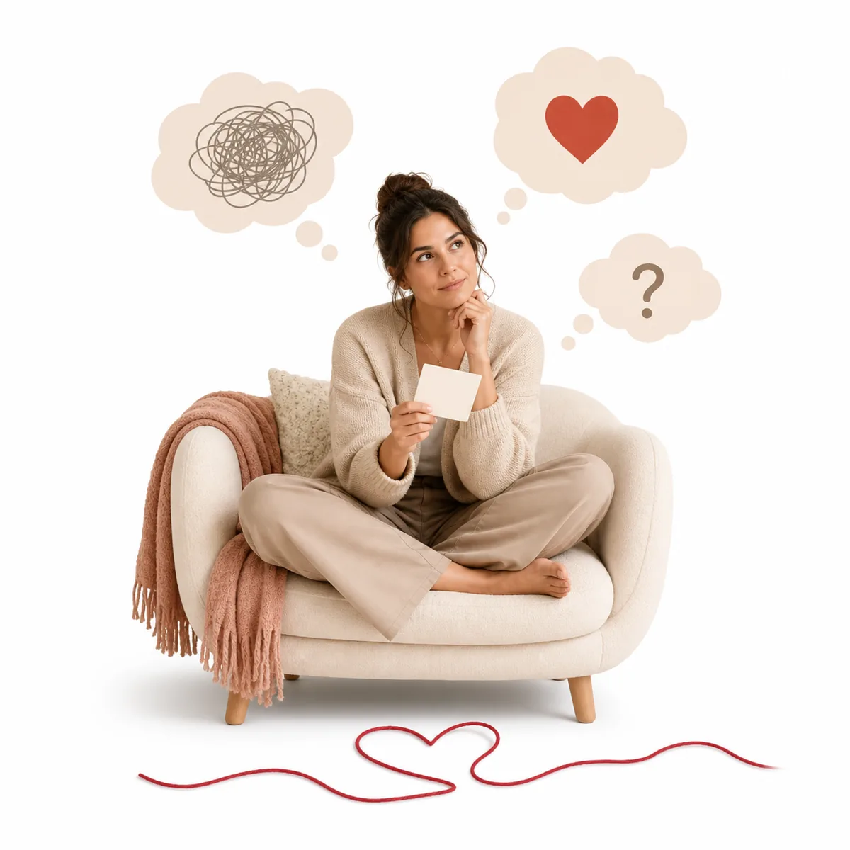 A thoughtful woman seated on a cream chair with soft thought bubbles and a red thread heart