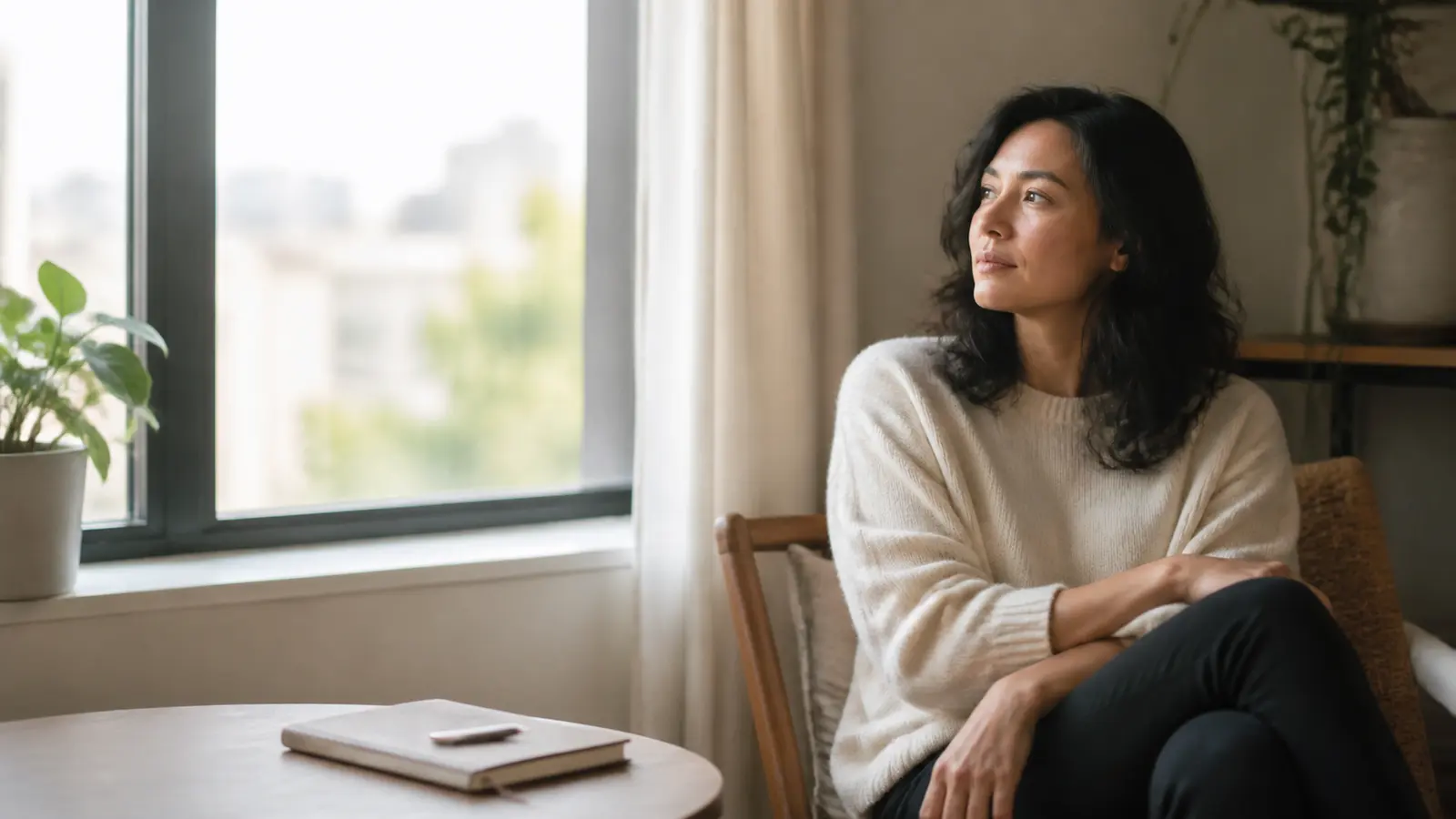 A person pausing beside a window with a notebook before deciding what a new relationship means