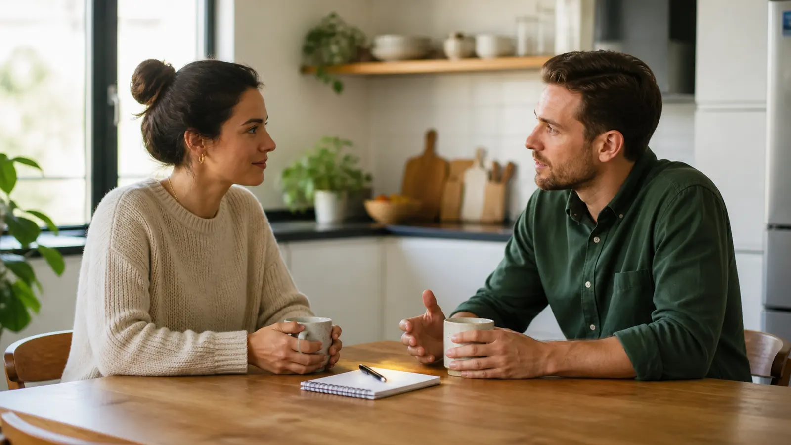 Two partners sitting at a kitchen table, listening and speaking calmly with mutual attention