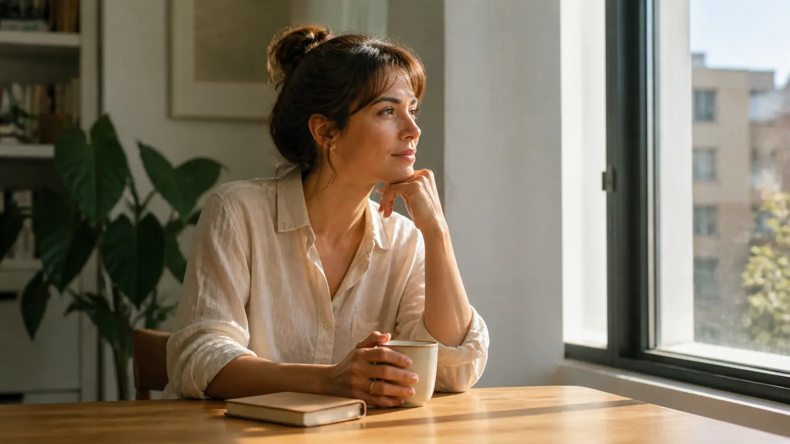 A woman sitting thoughtfully beside a sunlit window after reflecting on a difficult relationship pattern
