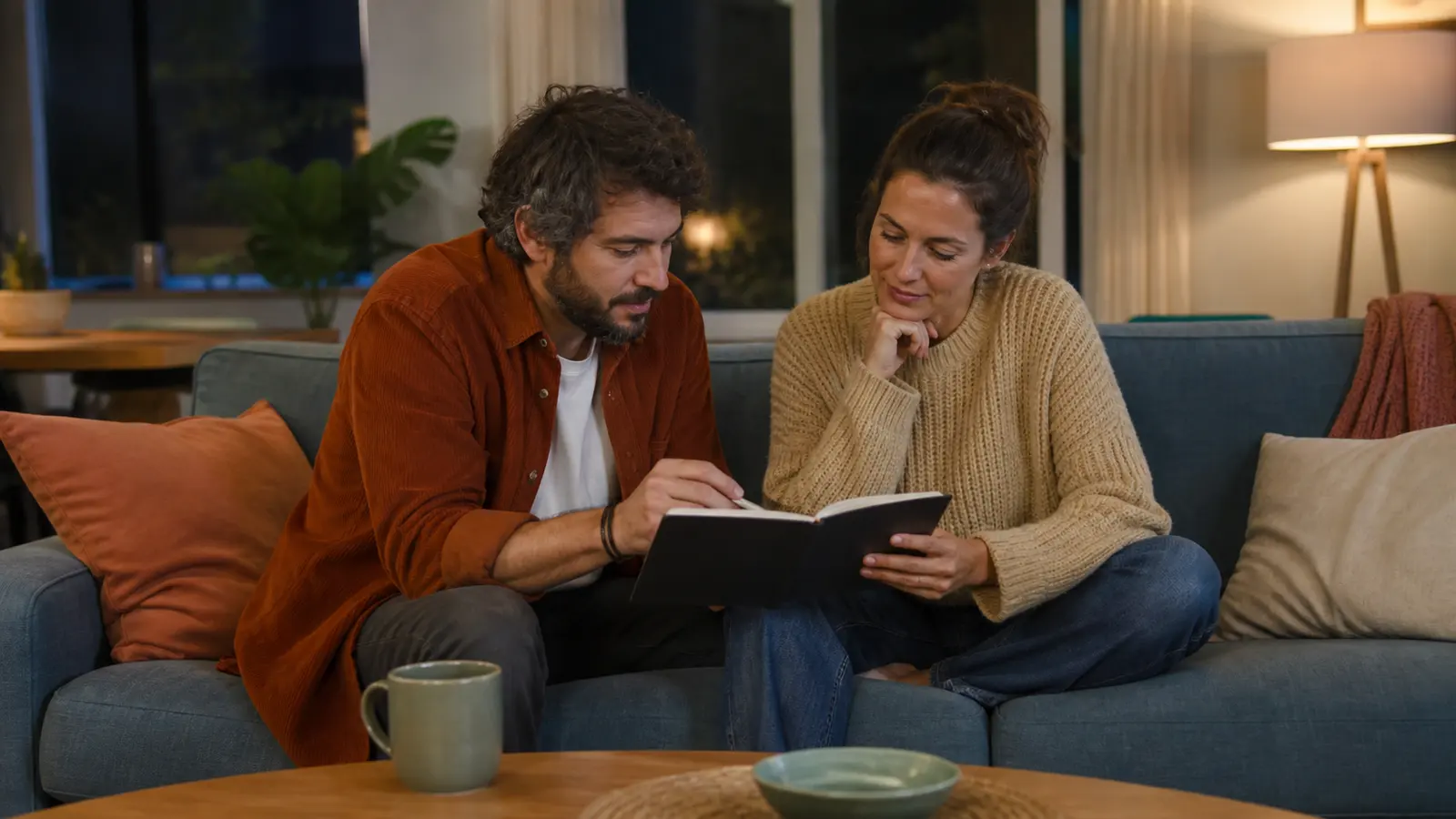 Two partners on a sofa discussing an open notebook together in a calm living room