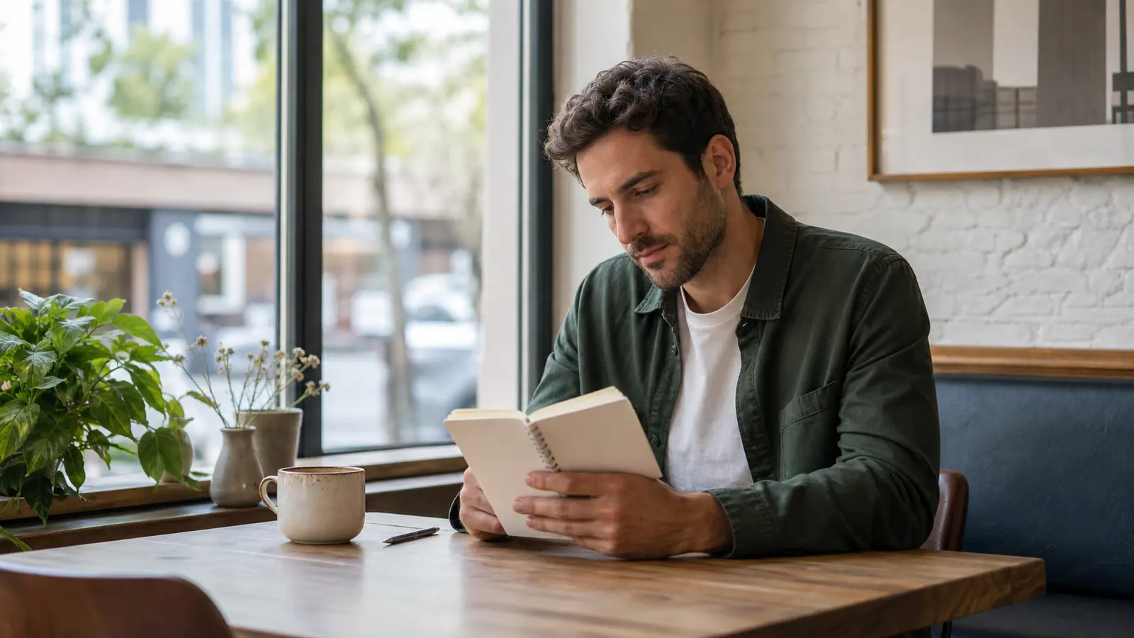 A man calmly reviewing a notebook before a direct relationship conversation