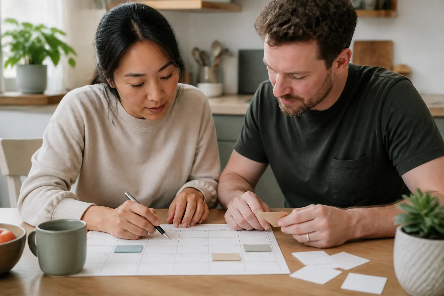 Married partners planning household responsibilities together