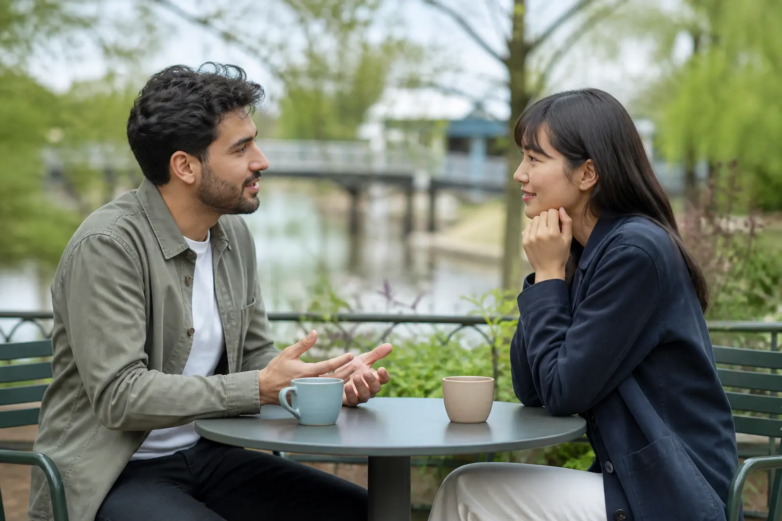 Two people having a mutual attentive conversation on an early daytime date