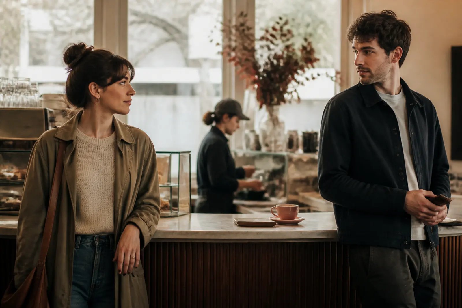 Two strangers noticing each other for the first time at a neighborhood cafe counter