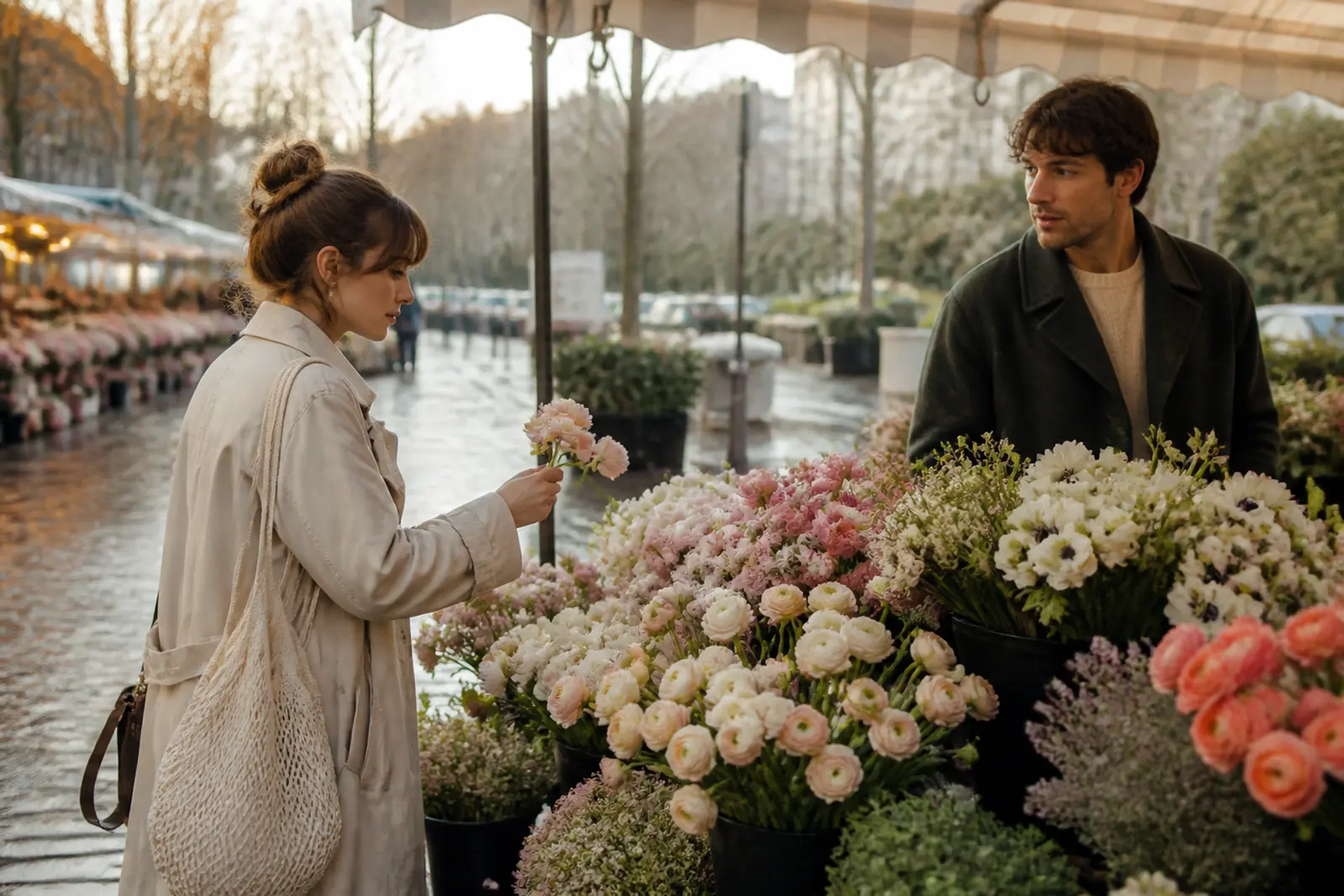 Two people meeting for the first time at a flower market after rain