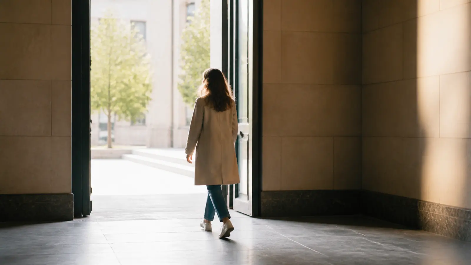 A person walking calmly through a bright public doorway toward daylight