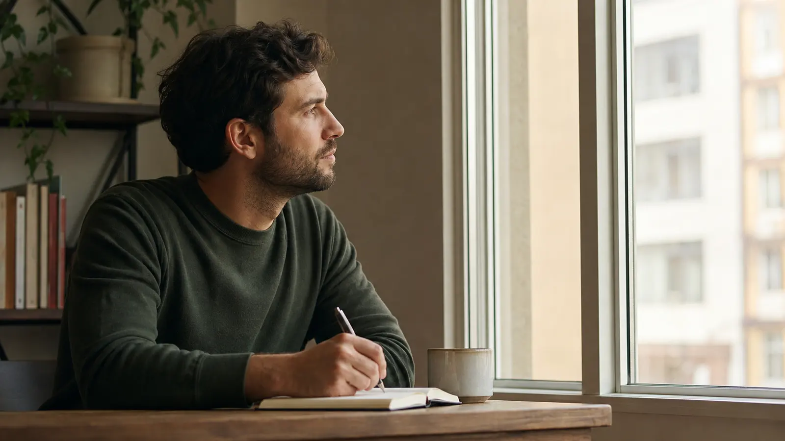 A person writing a private reflection in a notebook beside a bright window