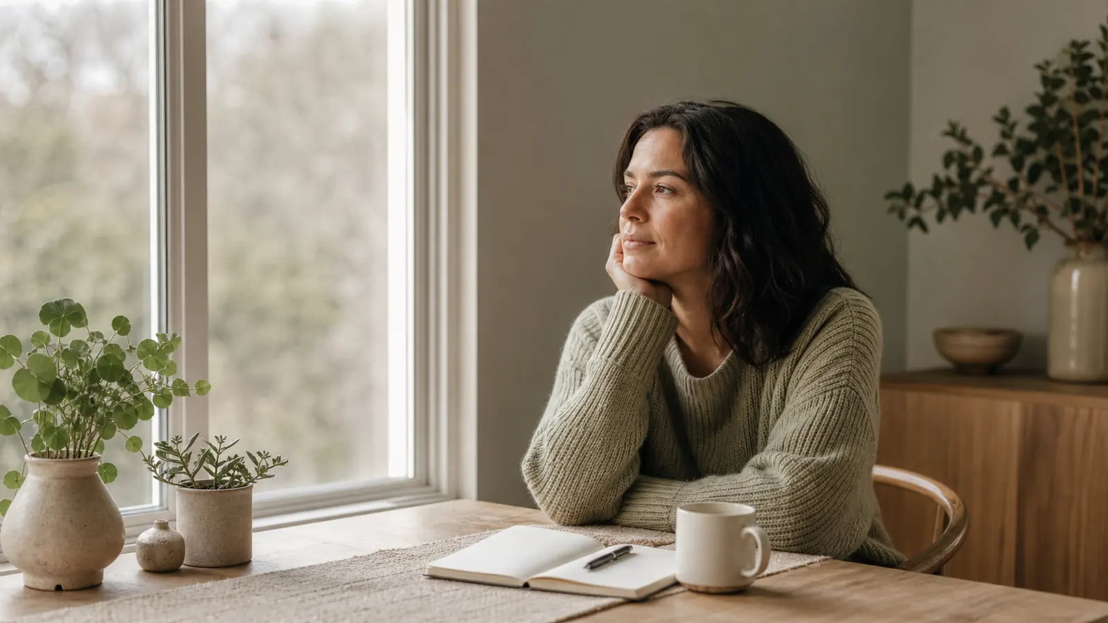 A woman pausing beside a window with an open notebook