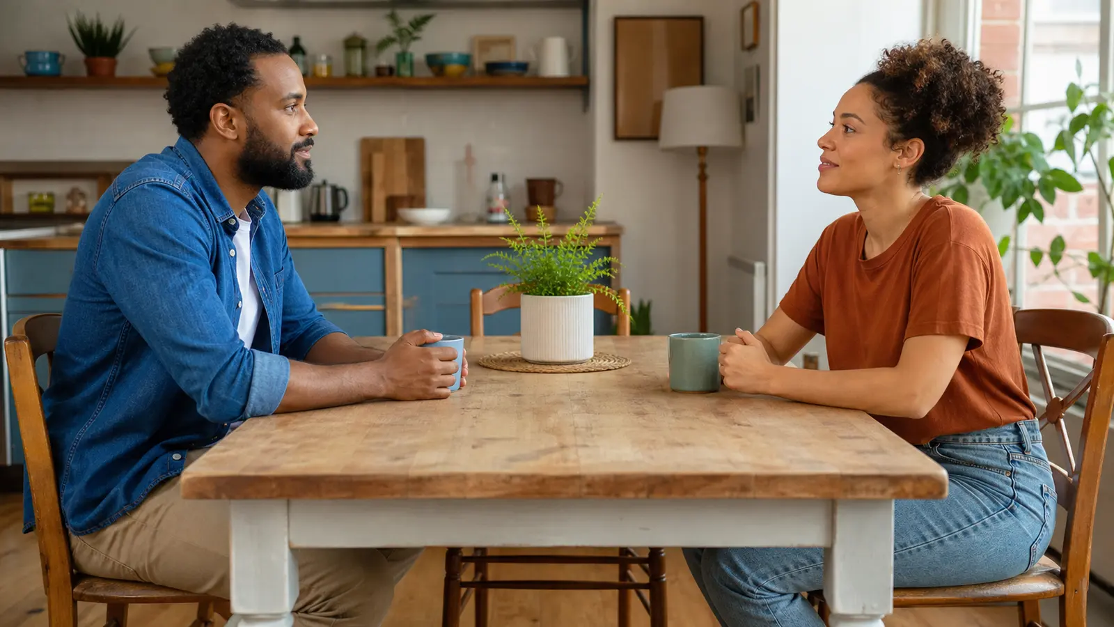 Two adults having a calm conversation across a kitchen table