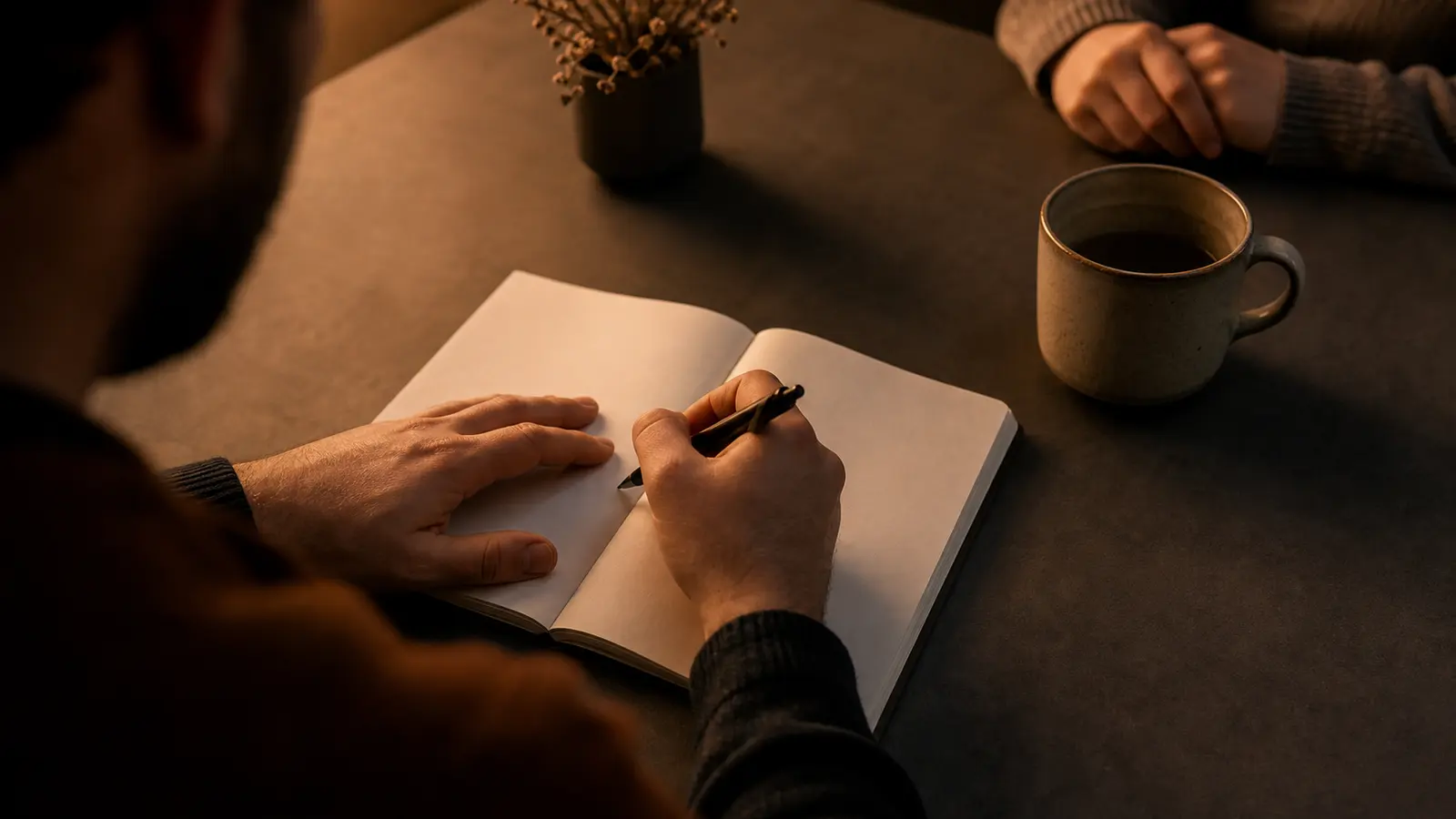 Hands writing a private reflection in an open notebook