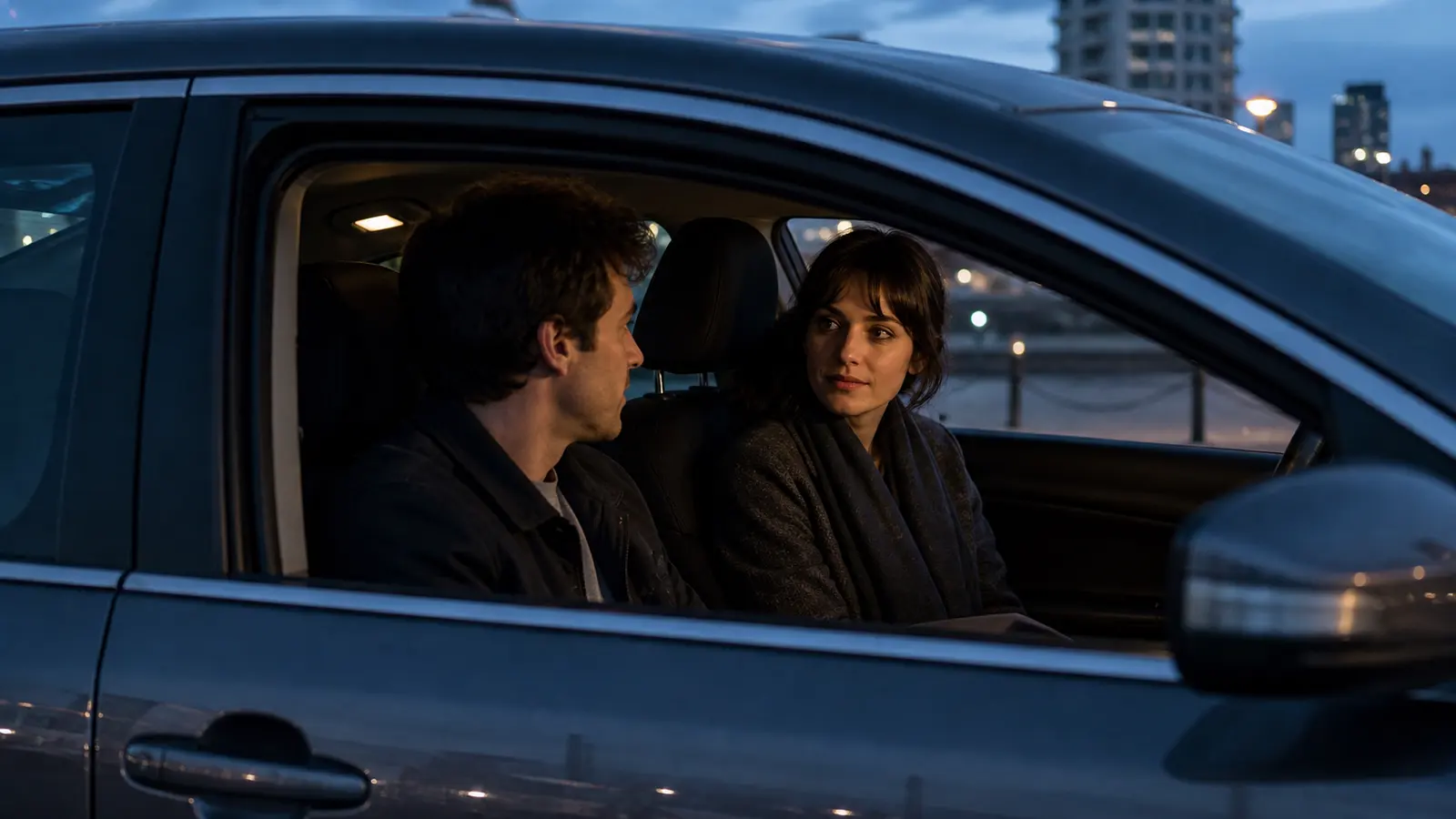 Two close friends sitting in a parked car during a quiet, emotionally ambiguous conversation