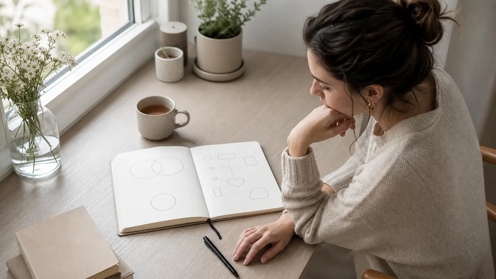 A woman reflecting beside a window with an open notebook while sorting attraction from intention