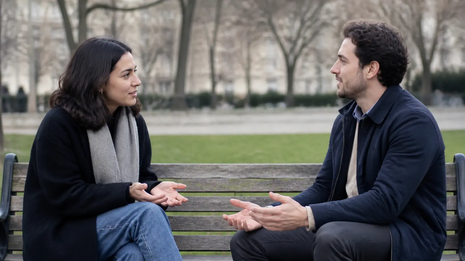 Two adults sitting apart on a park bench during a calm and honest conversation